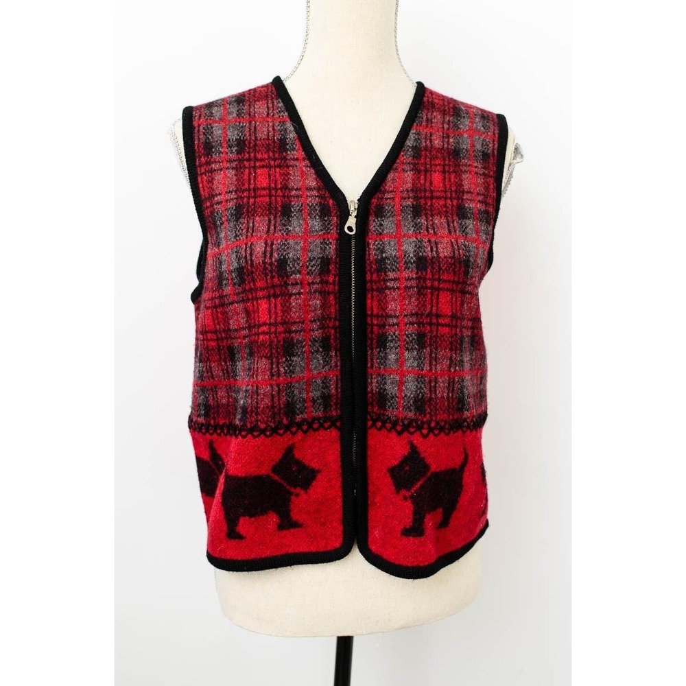 VTG requirements Vest Women PM Plaid 100% Wool Scotty Dog Red Black Full Zip